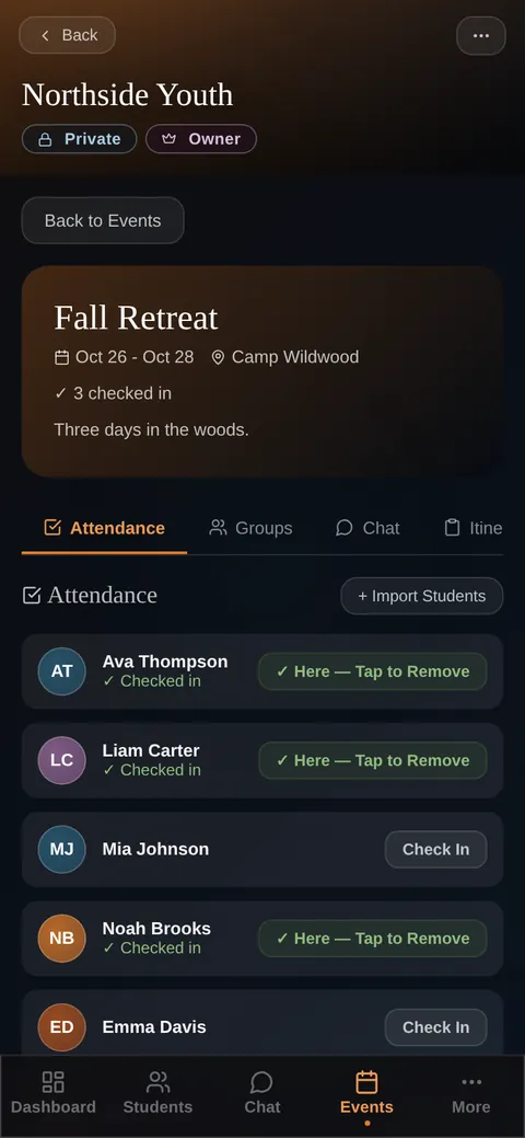 Roots on a phone: checking students in at a retreat