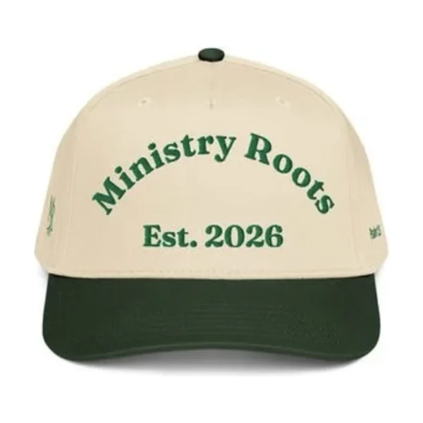 Cream and green cap reading Ministry Roots, Est. 2026