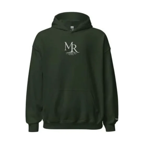 Forest green Ministry Roots hoodie with the white MR roots mark
