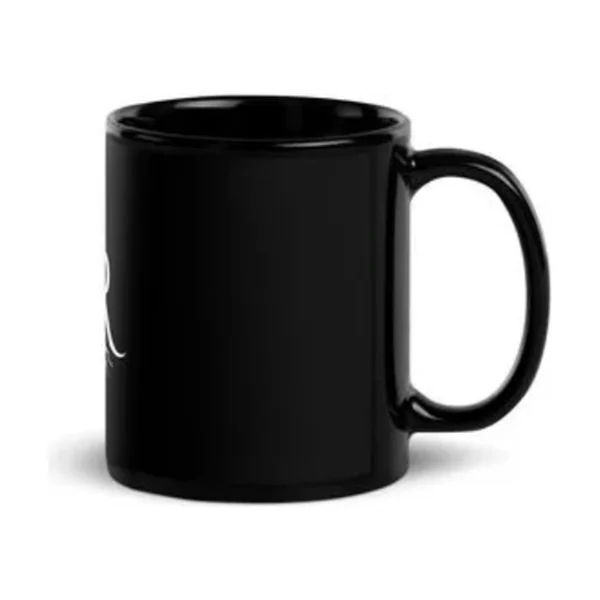Black glossy mug with the white MR mark
