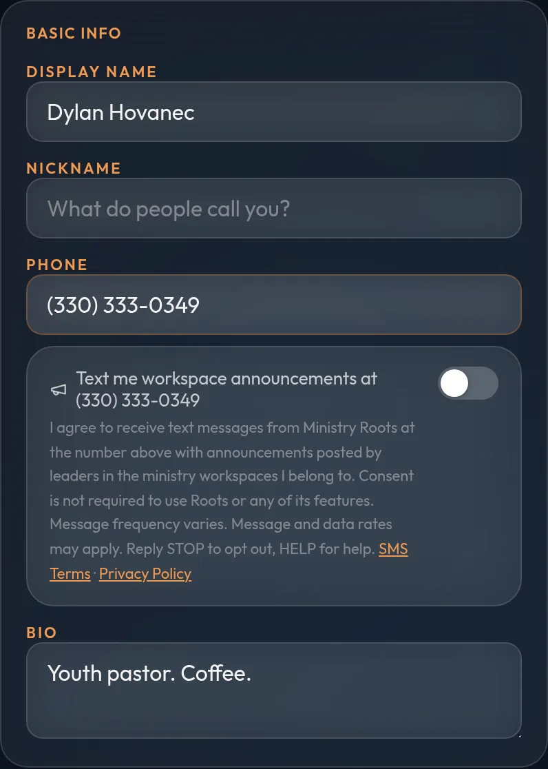 The Roots Settings screen showing the Text me workspace announcements switch, switched off, with the consent wording and links to the SMS Terms and Privacy Policy
